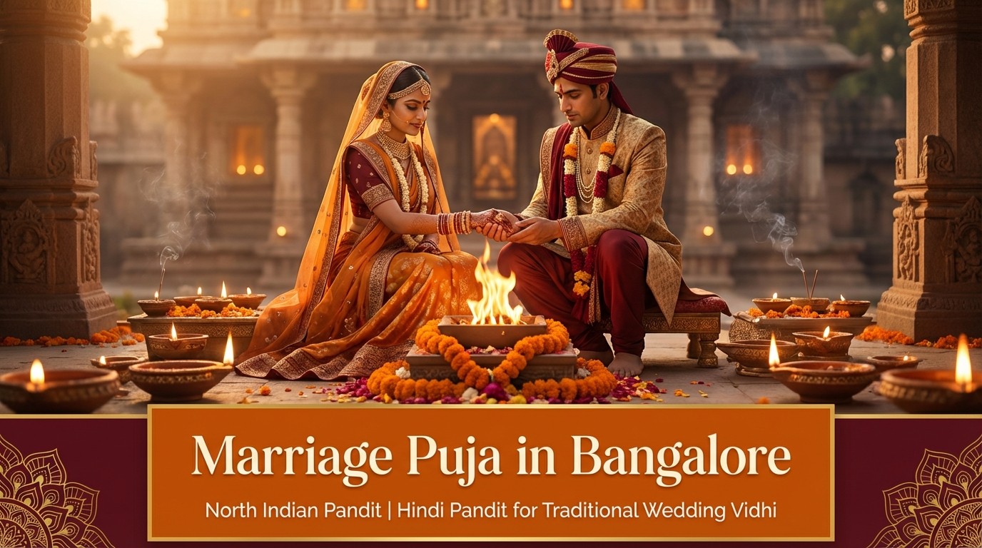 Marriage Puja Bangalore with bride and groom and Hindi wedding pandit